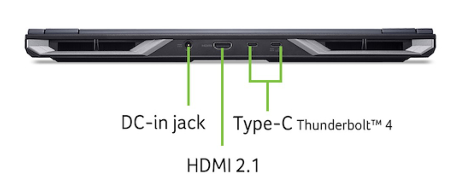 Puertos de portátil: DC-in, HDMI 2.1, puertos Tipo-C Thunderbolt 4. Las etiquetas indican la función de cada puerto. El portátil es negro.