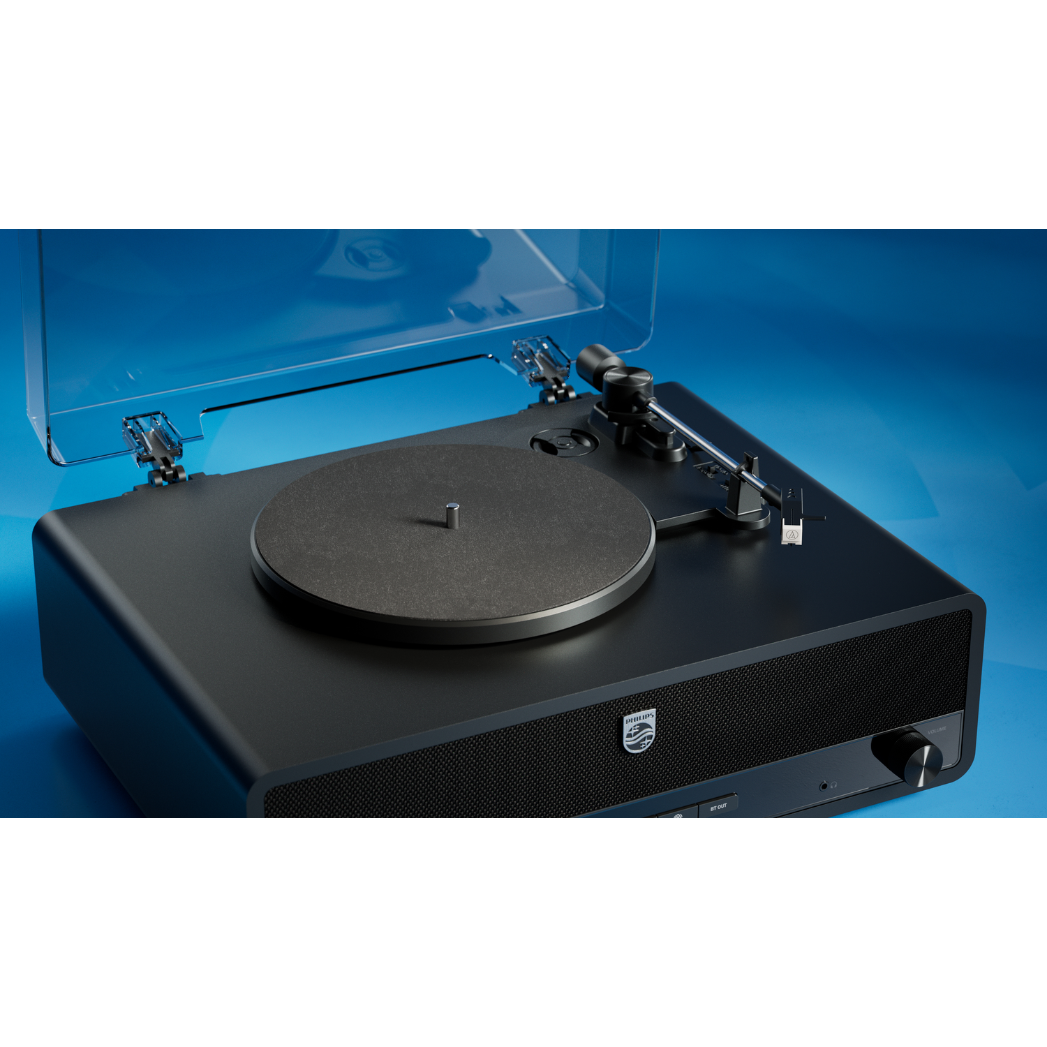 A black Philips turntable on a blue background. The turntable has a clear cover and a round, black platter.