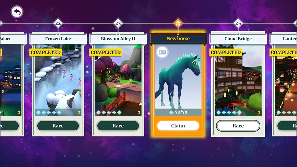 Een game-interface toont een nieuwe paardenbeloning. Het paard is blauwgroen gekleurd, met het label 'Nieuw paard' en een claimknop.