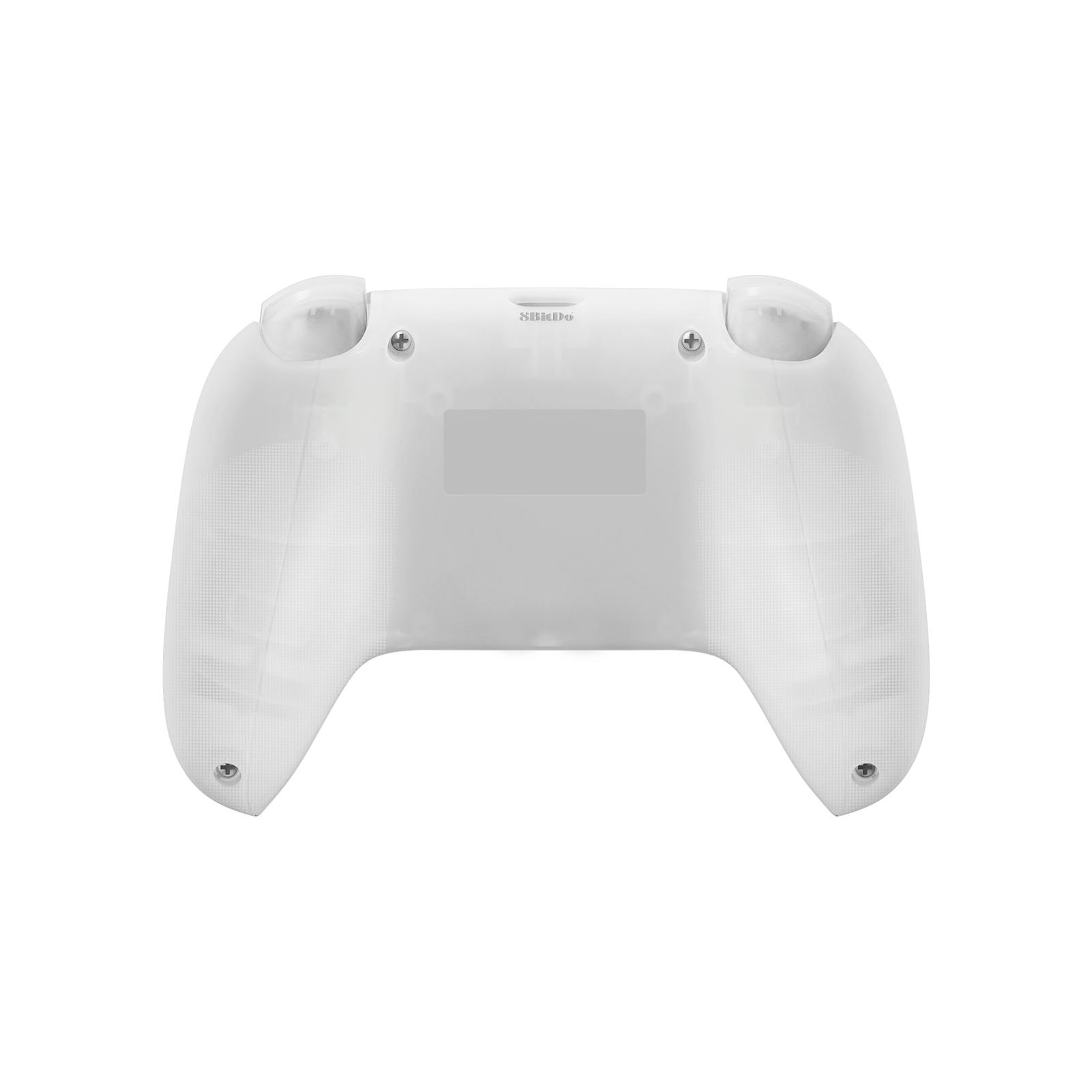 Rückseite eines weißen Gamecontrollers. Es hat Knöpfe und einen rechteckigen Bereich.
