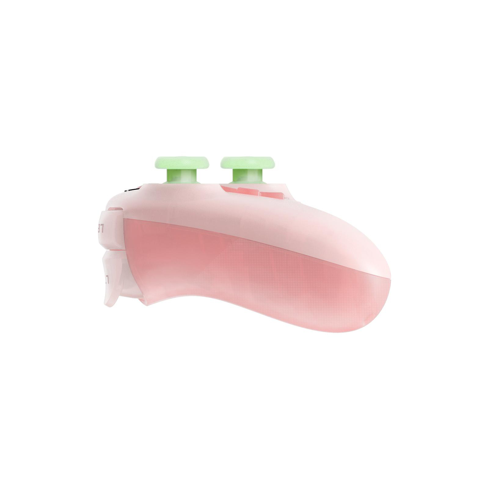 Rosa-weißer Gamecontroller mit grünen Joysticks, Seitenansicht, isoliert auf weißem Hintergrund.