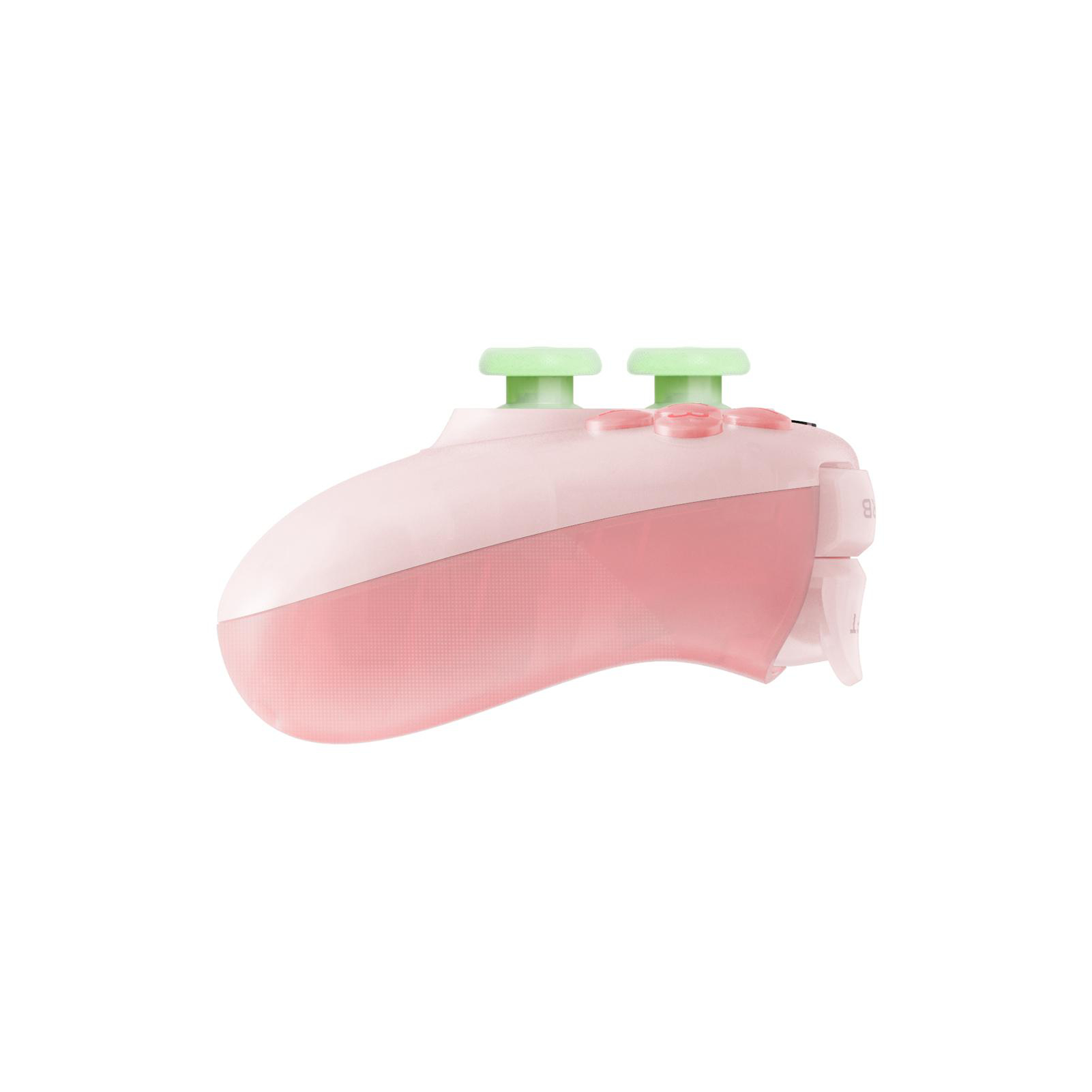 Ein rosa-weißer Gamecontroller mit grünen Knüppeln. Die Knöpfe sind rosa und der Hintergrund ist weiß.
