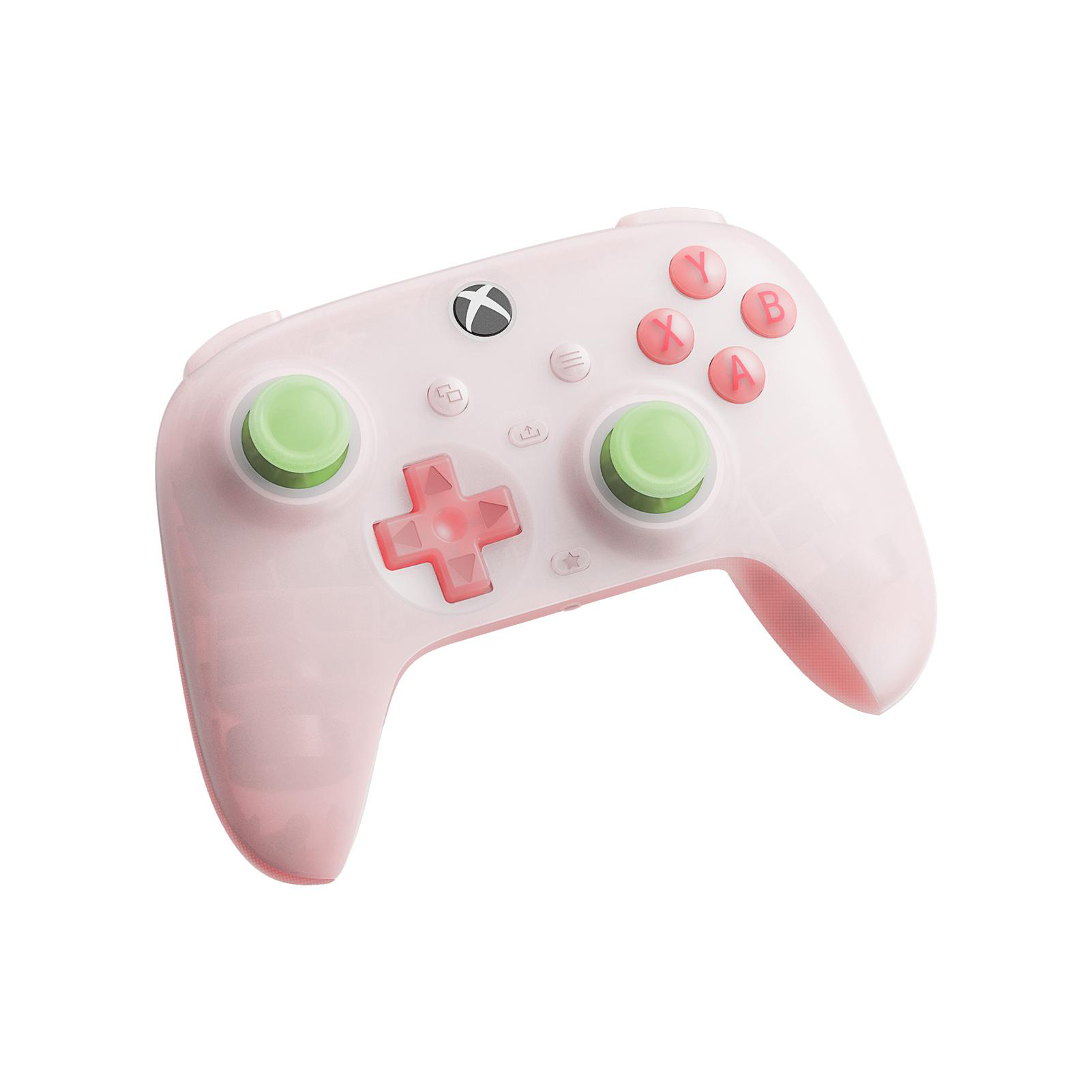 Rosa Xbox-Controller mit grünen Thumbsticks und rosa Knöpfen. Das Steuerkreuz und die Tasten sind hervorgehoben.