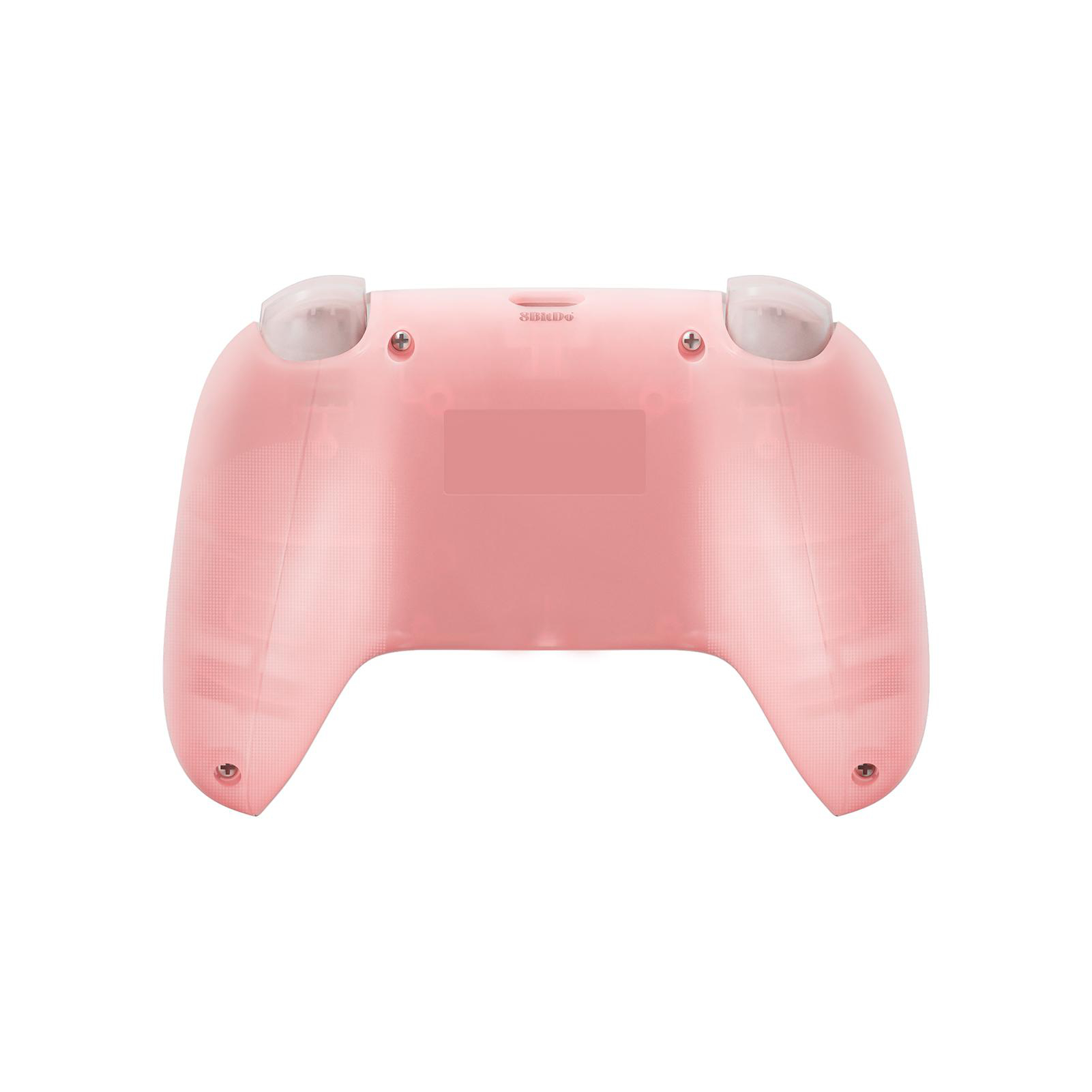 Rosa transparenter Gamecontroller, Draufsicht, auf weißem Hintergrund. Tasten und Logo sichtbar.