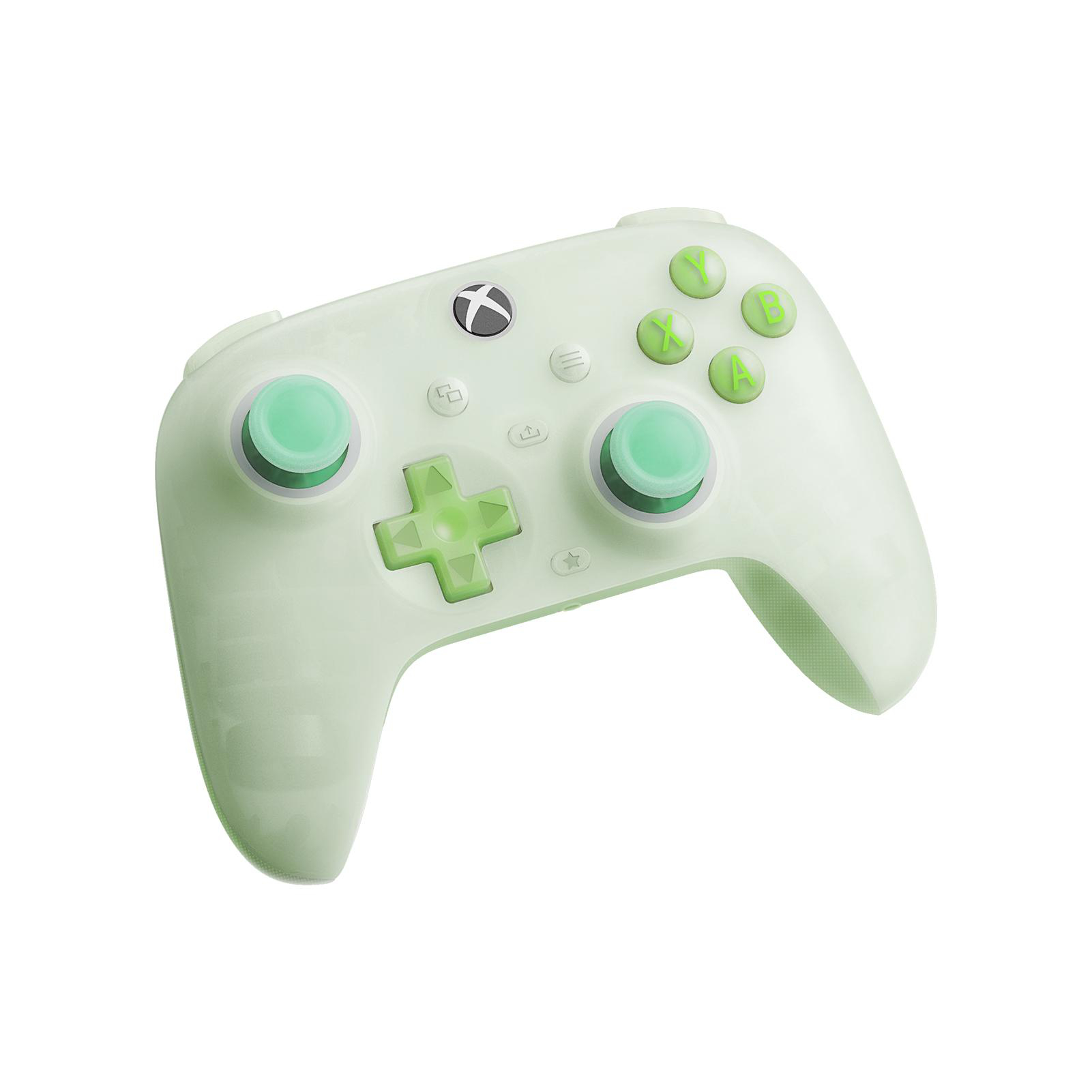 Ein hellgrüner Xbox-Controller mit grünen Knöpfen und Daumensticks, isoliert auf weißem Hintergrund.