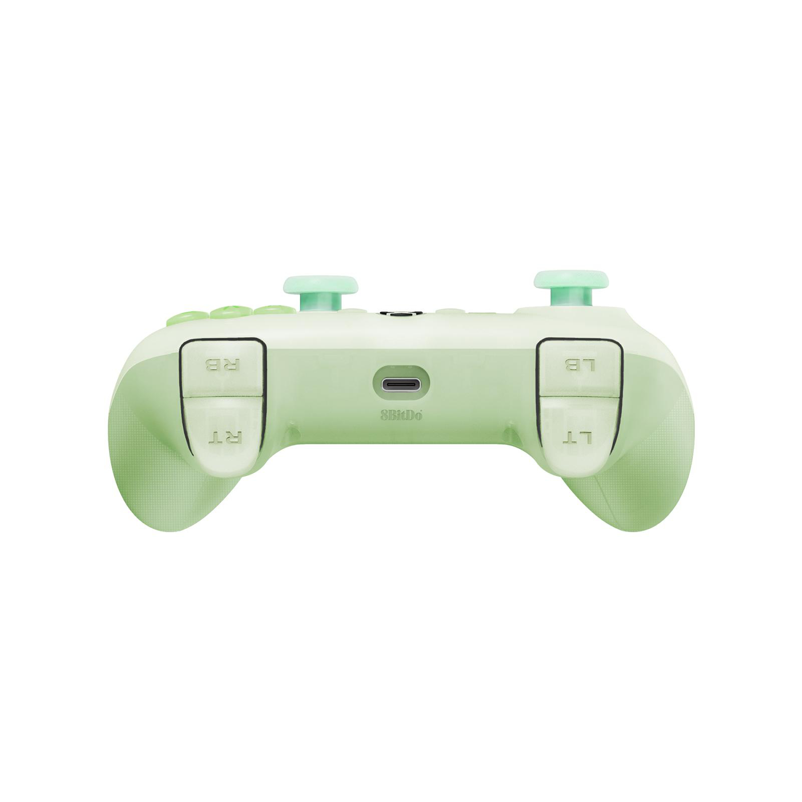 Ein hellgrüner 8BitDo-Controller. Tasten RB, RT, LB, LT sind sichtbar. Der Hintergrund ist weiß.