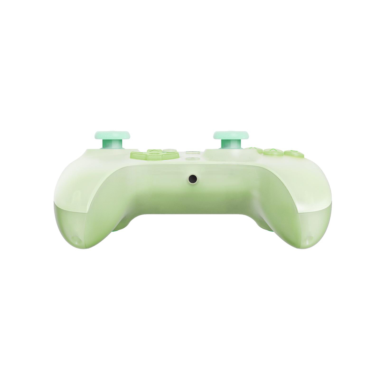 Ein hellgrüner Gamecontroller mit zwei Daumensticks, Knöpfen und einem zentralen Loch. Der Hintergrund ist weiß.