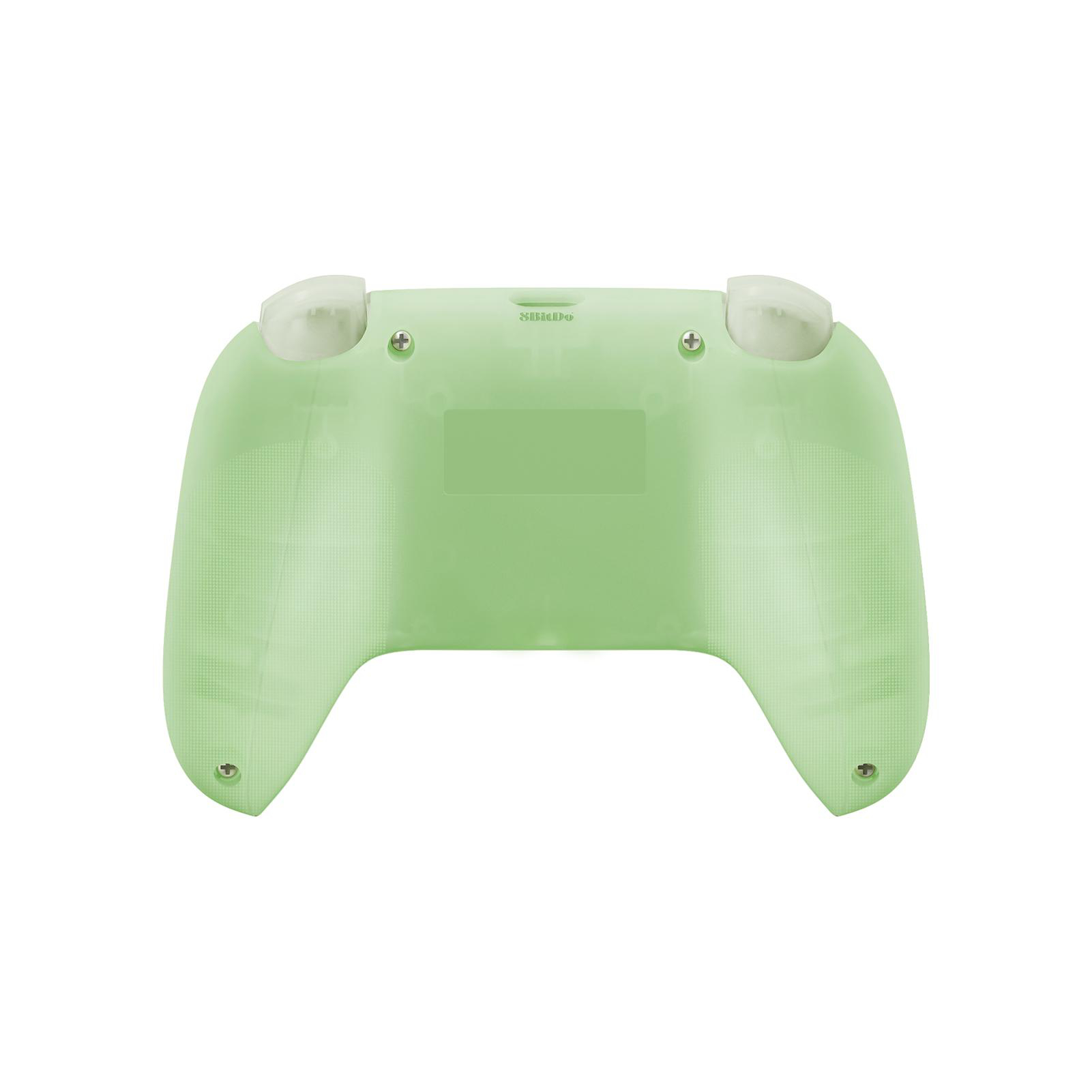Eine hellgrüne Spielcontroller-Rückseite mit weißen Kappen. Schrauben sind sichtbar. Der Markenname lautet SBIDDo.