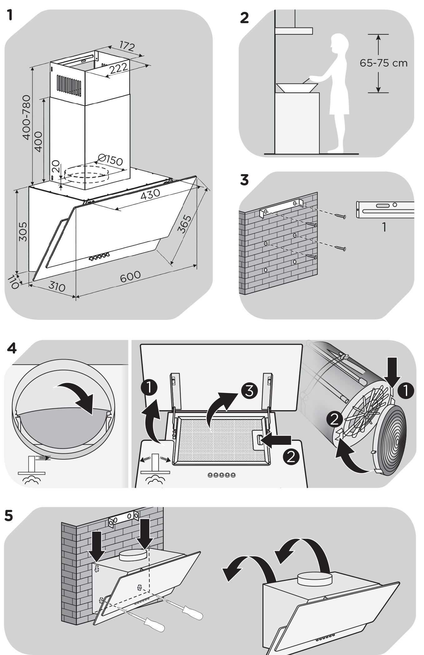 Konyhai páraelszívó telepítési lépéseit ábrázoló diagram. Méreteket, egy személyt és szerelési útmutatót tartalmaz.