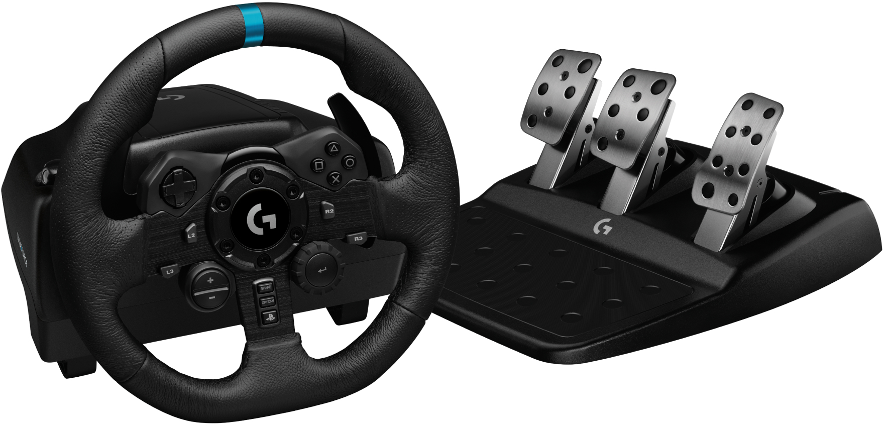 Egy fekete Logitech versenypedál, kék csíkkal, és egy pedálszett. A keréken gombok és egy G logó található.