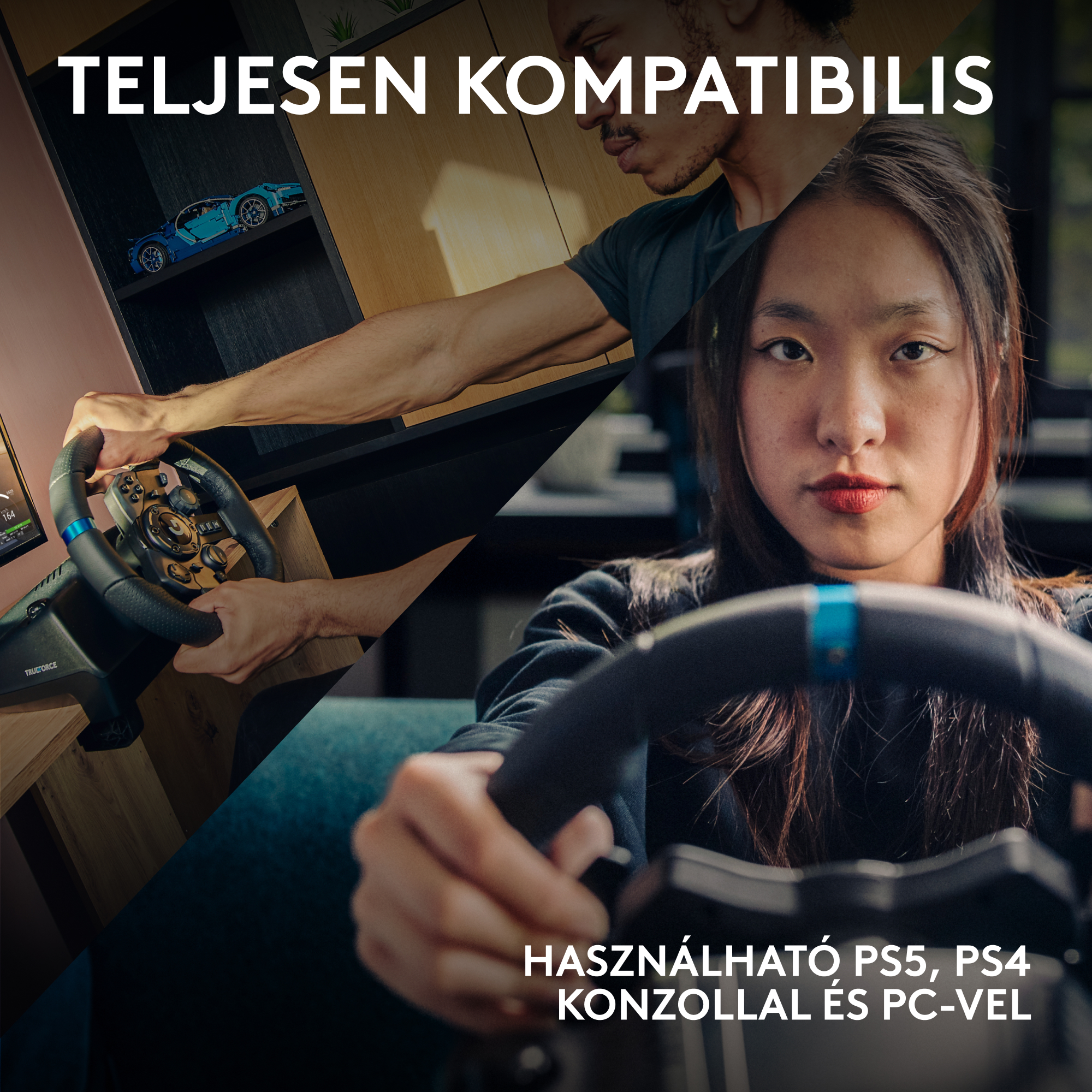 A képen két ember tart egy kormánykereket. A szöveg azt írja: 'Teljesen kompatibilis', 'Használható PS5, PS4 és PC-vel'.