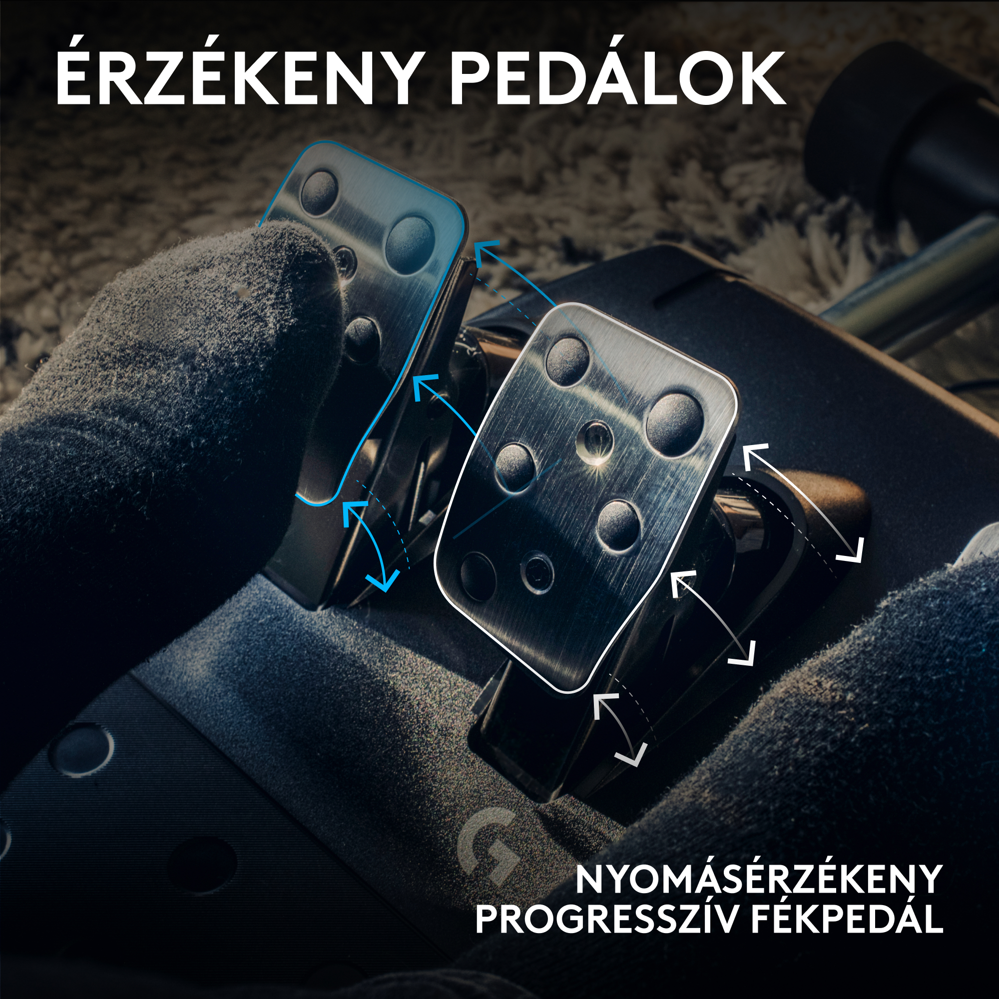 A képen versenypedálok láthatók. A szöveg a 'Érzékeny pedálok' és a 'Nyomásérzékeny progresszív fékpedál' feliratot tartalmazza.