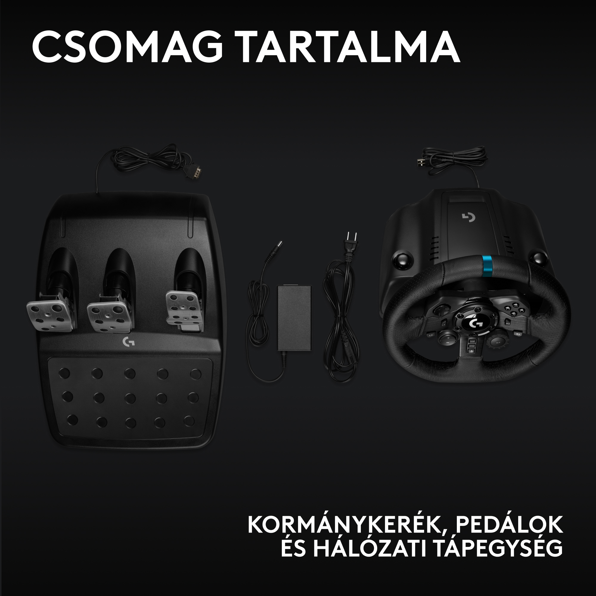 A képen kormánykerék, pedálok és tápegység látható. Fekete háttér fehér szöveggel.