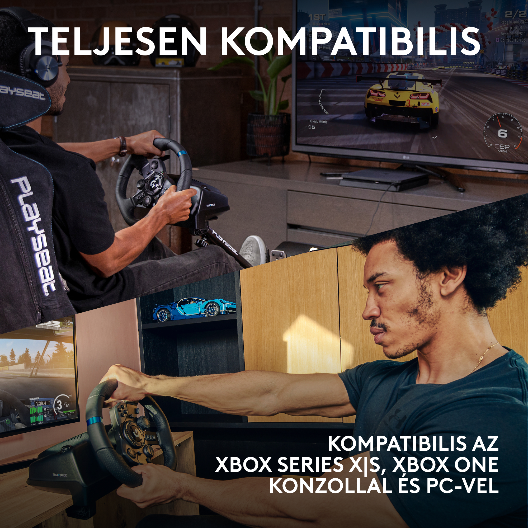 Két férfi autóversenyzős játékot játszik kormánnyal. Szöveg: Teljesen kompatibilis Xbox Series X|S, Xbox One és PC-vel.