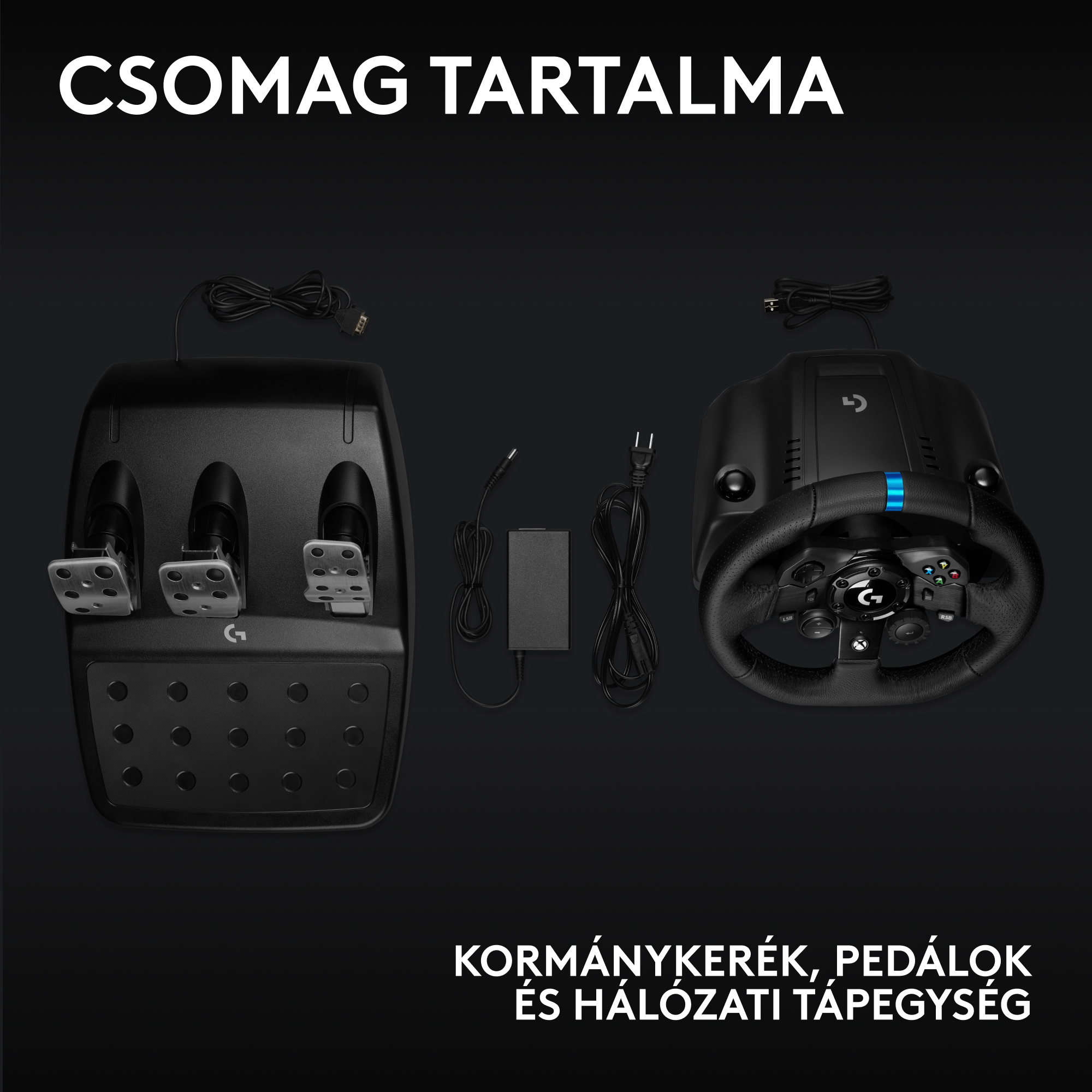 A képen egy kormánykerék, pedálok és tápegység látható fekete háttér előtt. Magyar felirat: 'Csomag tartalma'.