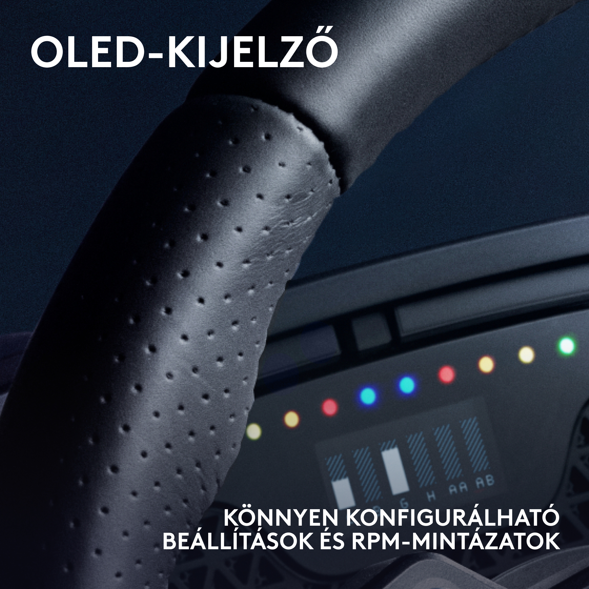Közeli kép egy kormánykerékről OLED kijelzővel, RPM-et és beállításokat mutat. Perforált bőr, színes lámpák.