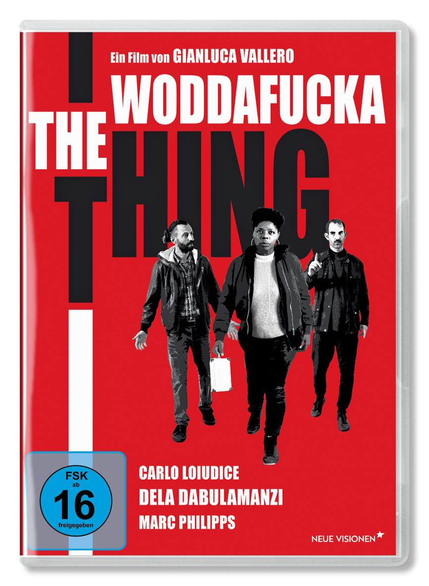 DVD-Cover für "The Thing". Drei Personen gehen vorwärts vor rotem Hintergrund. Text ist weiß. FSK 16 Logo unten links.