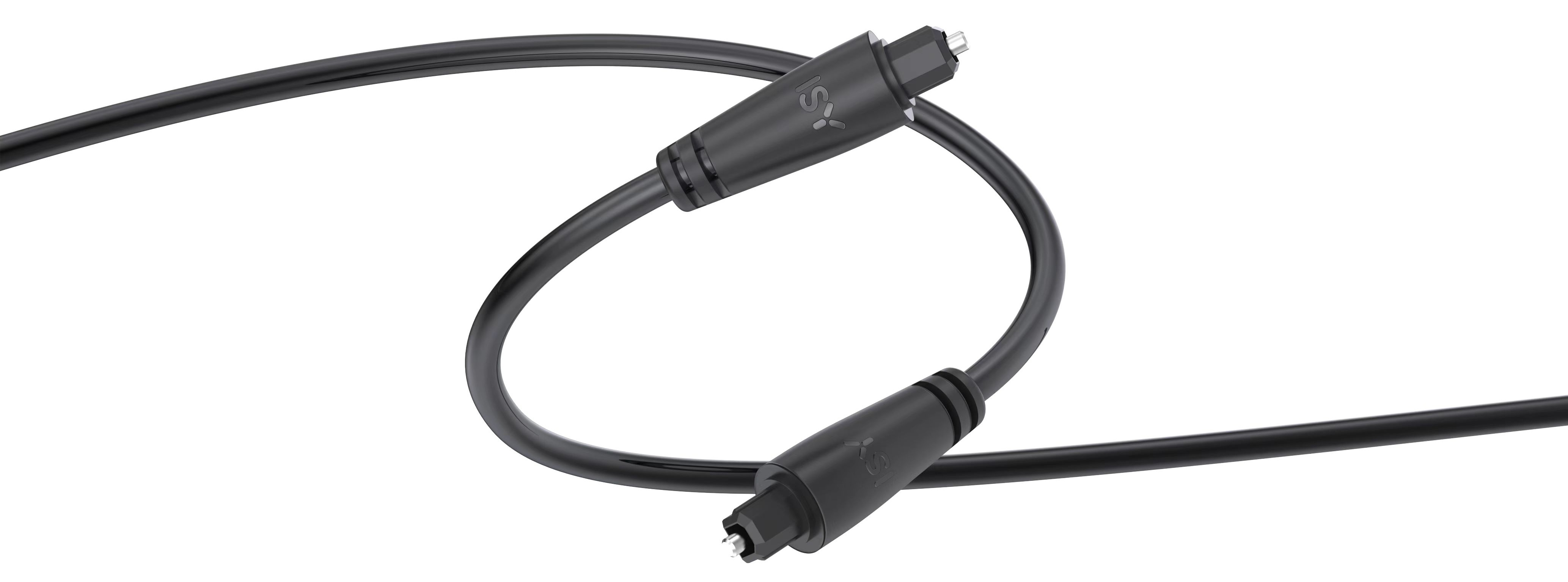 Czarny kabel audio optyczny na białym tle. Dwa złącza, zakrzywiony kabel. Widoczne logo ISY.