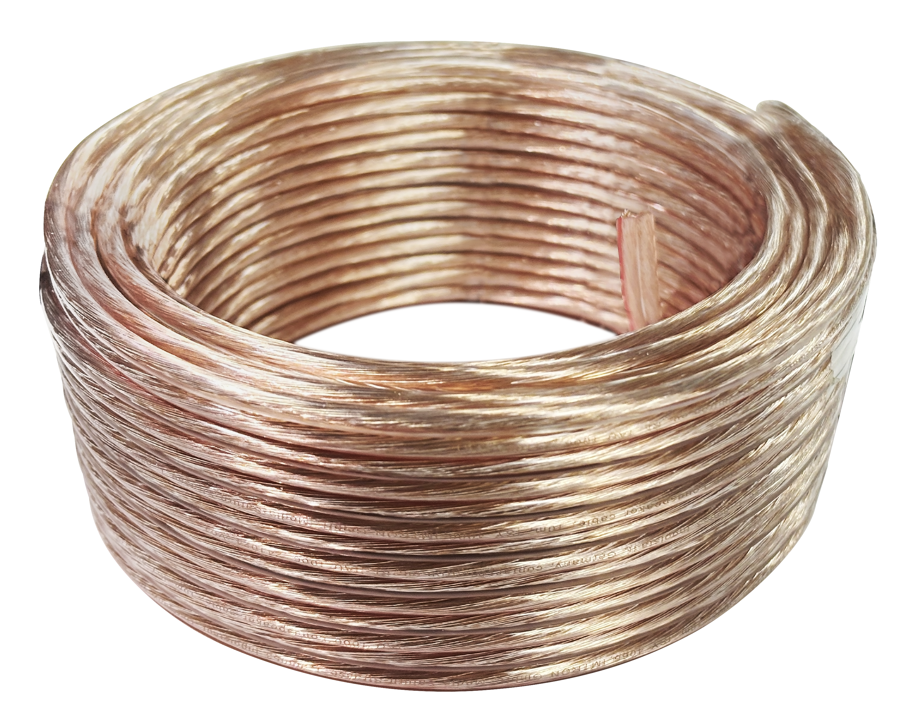 Zwinięty miedziany przewód głośnikowy. Tło jest gładko białe.