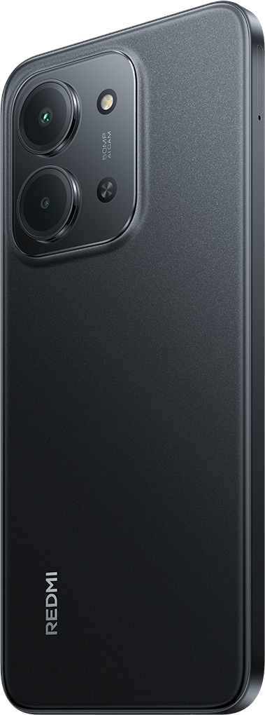 Fekete okostelefon háromkamerás beállítással, Redmi logóval és texturált hátlappal. A kamera 50MP AI CAM.