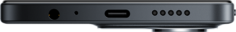Egy sötét telefon alsó szélének közeli képe. Tartalmazza a fejhallgató-csatlakozót, a mikrofont, az USB-C portot és a hangszóró lyukakat.