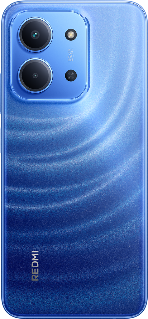 Kék okostelefon hátlap. Kettős kamera, 50MP AI CAM, Redmi logó. Világosról sötétkékre váltó színátmenet.