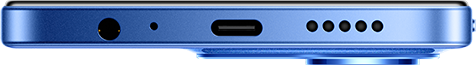 Egy kék telefon alsó szélének közeli képe. Van rajta fejhallgató-csatlakozó, mikrofonnyílás, USB-C port és hangszóró lyukak.