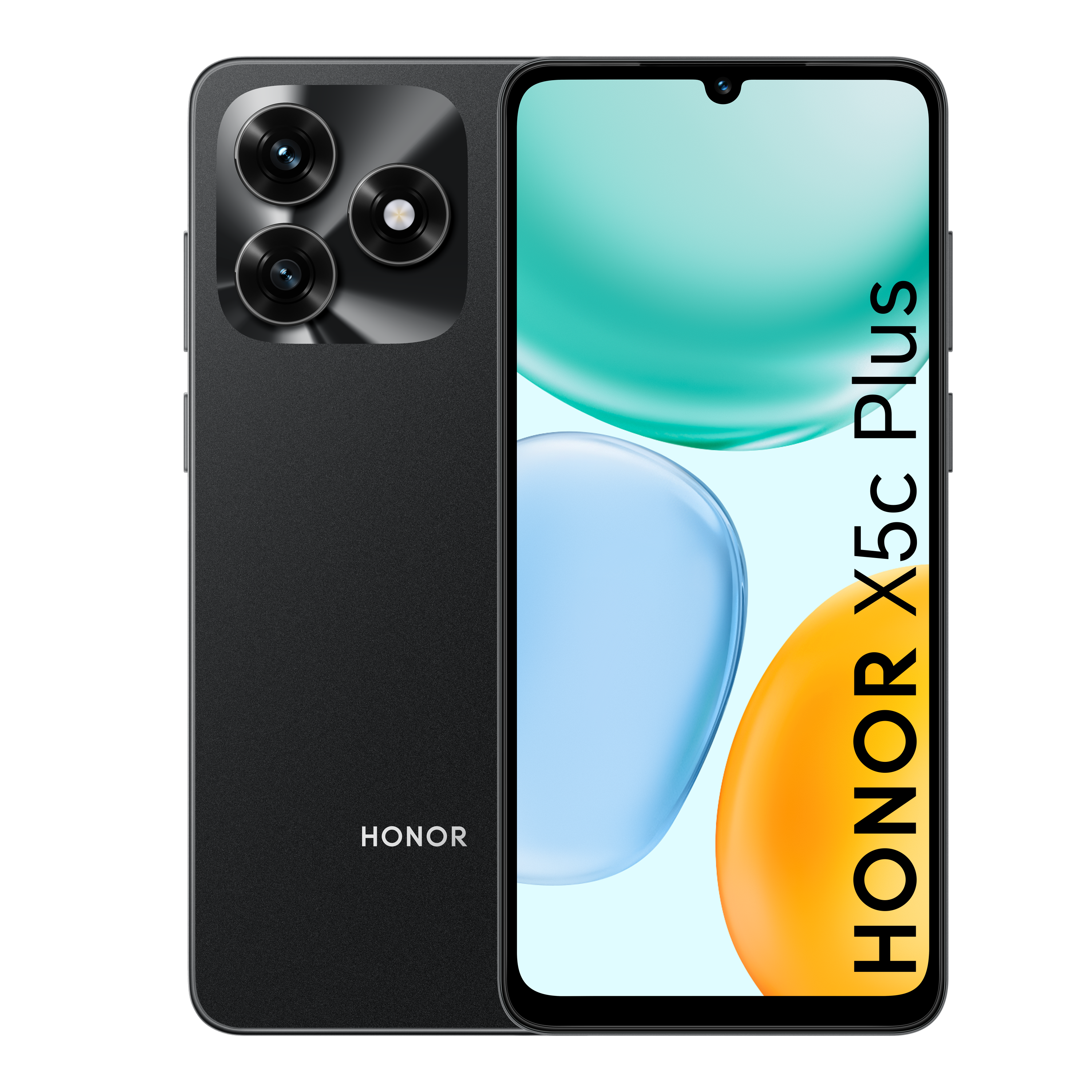 Egy fekete HONOR X5c Plus okostelefon látható. A képernyő színes dizájnnal rendelkezik. A hátulján három kamera található.