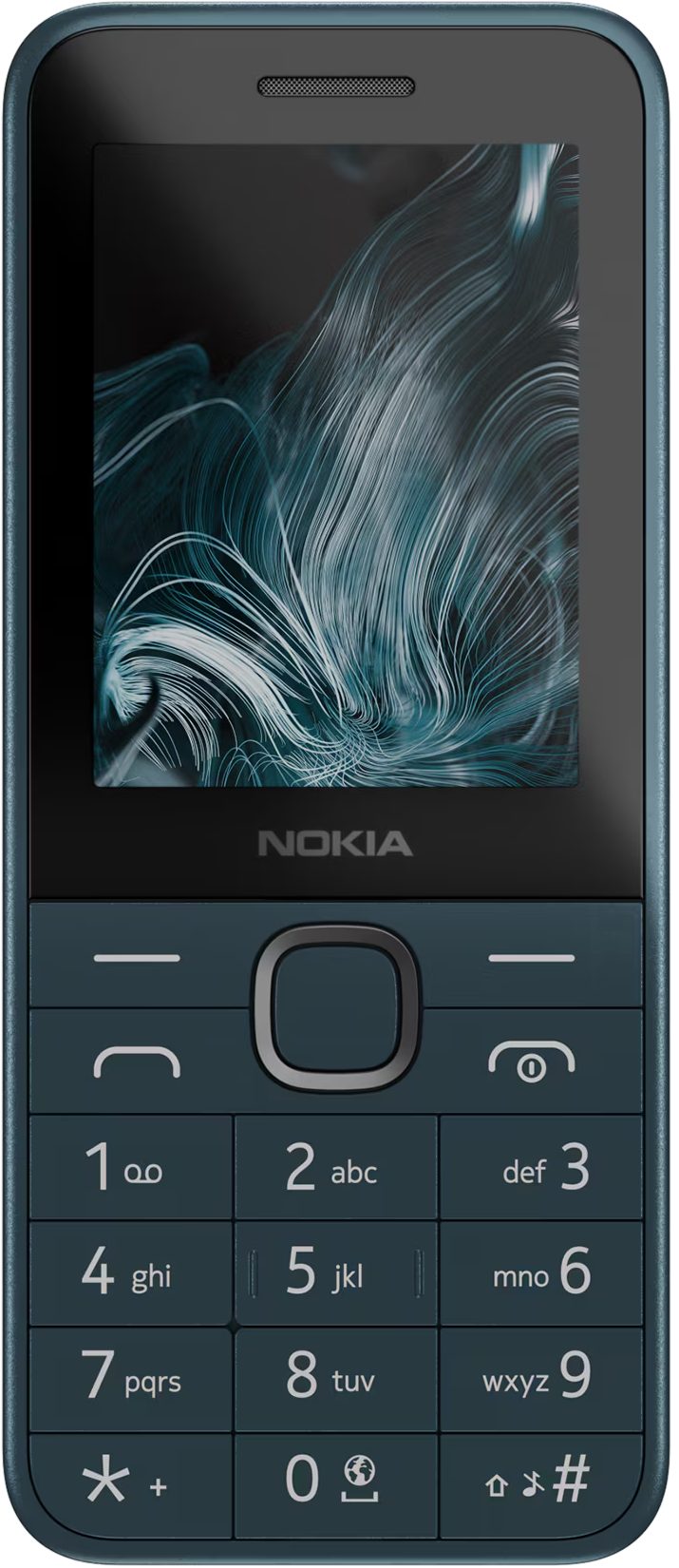 Sötétzöld Nokia telefon. Képernyőjén absztrakt fehér vonalak láthatók sötét háttéren, számokkal a gombokon.