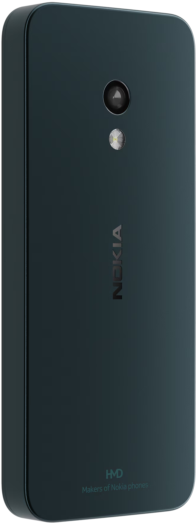 Sötétzöld Nokia telefon hátlapja, kamera, vaku és Nokia logó. HMD logó alul.