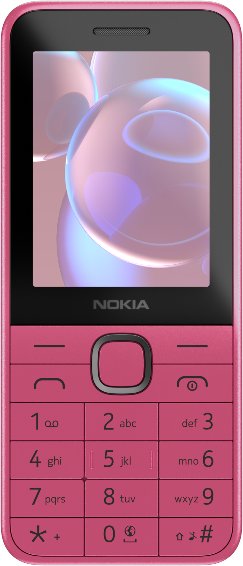 Rózsaszín Nokia telefon fekete keretekkel. Absztrakt formákat mutató képernyővel és számokkal és betűkkel ellátott billentyűzettel rendelkezik.