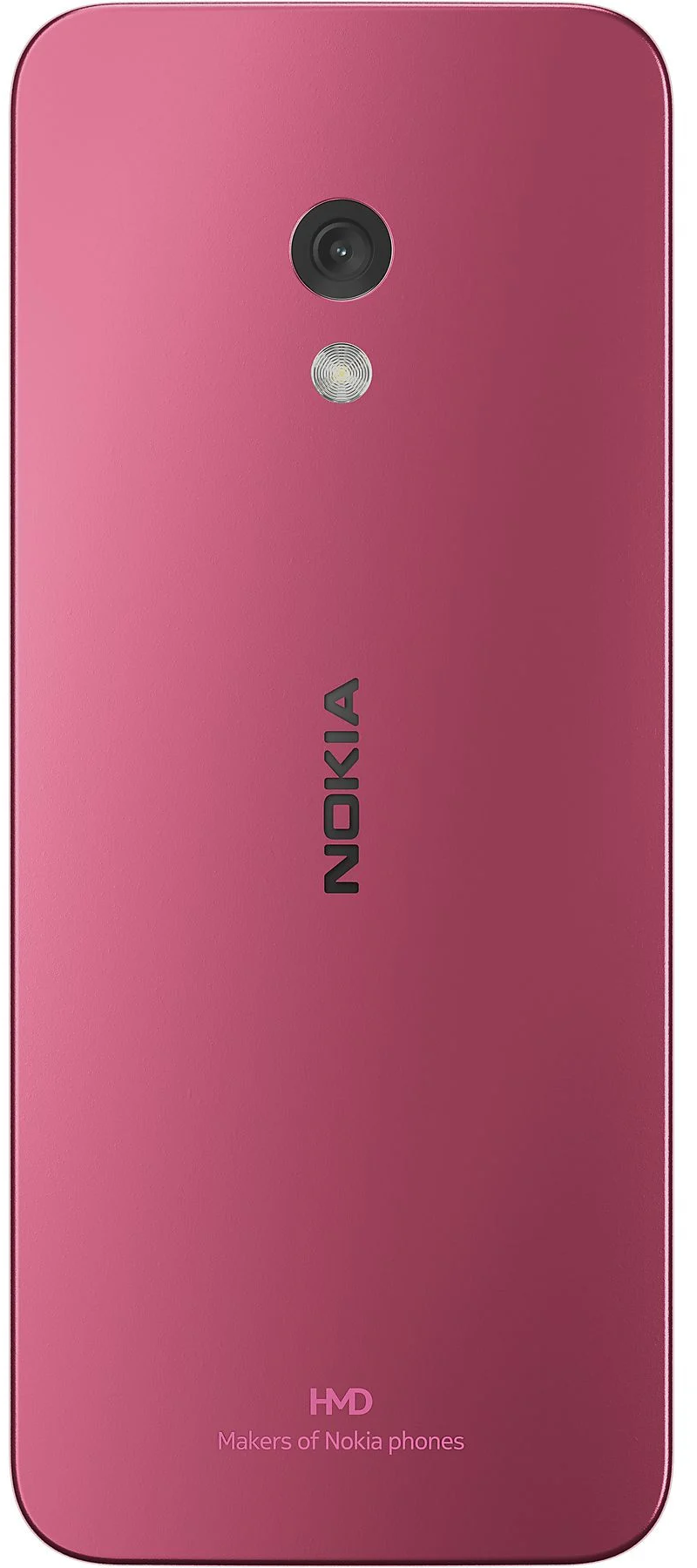 Rózsaszín Nokia telefon hátlapja. Kamera, vaku és Nokia logó látható. 'HMD Makers of Nokia phones' felirat alul.