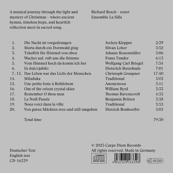 CD-Cover. Enthält Text, Trackliste eines Weihnachtsalbums und ein Compact-Disc-Symbol.
