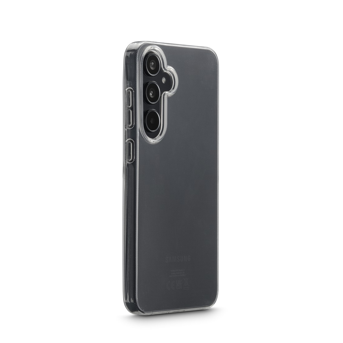 Eine transparente Handyhülle liegt auf einer weißen Oberfläche. Es ist eine Schutzhülle für ein Smartphone, mit sichtbaren Kamera- und Knopfausschnitten.