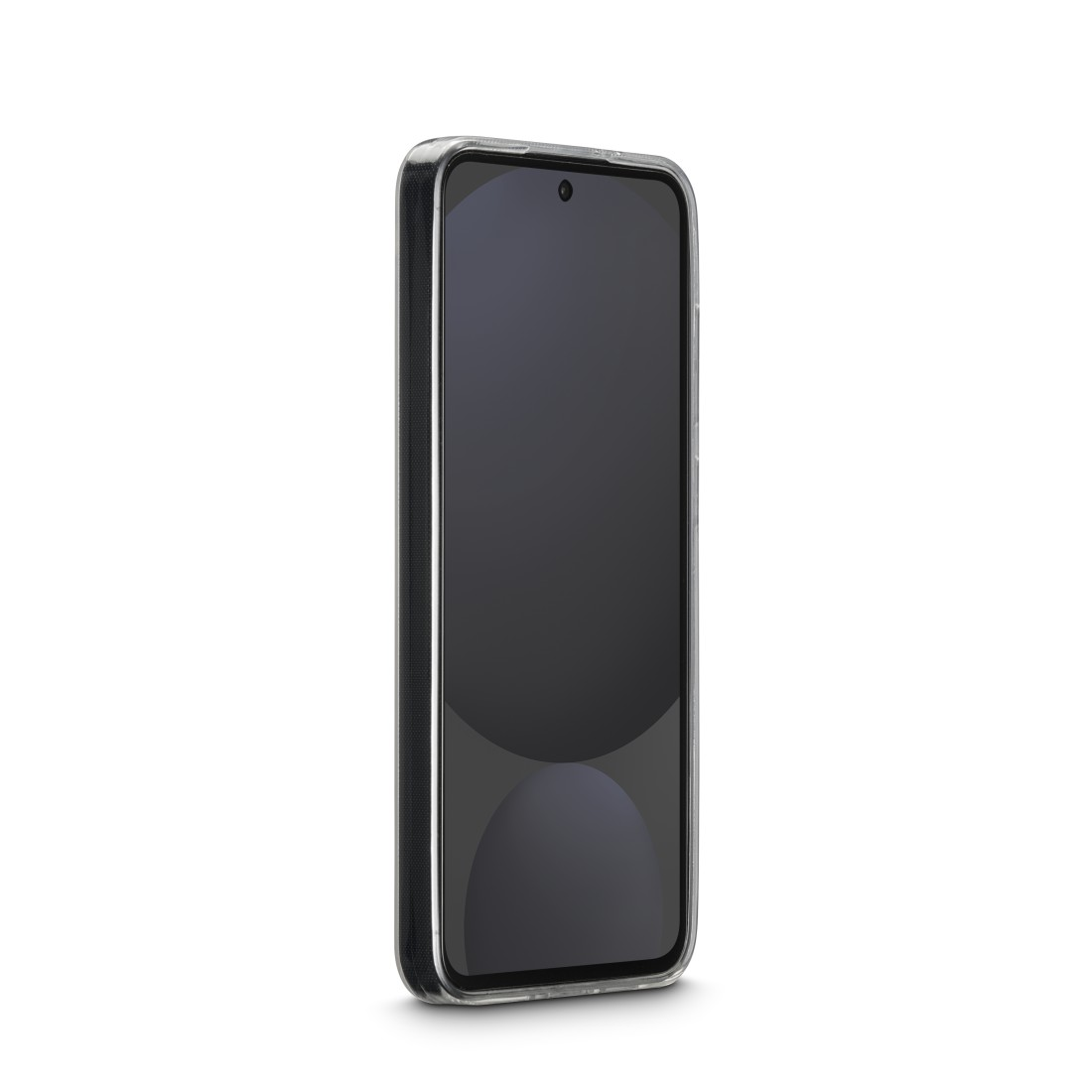 Ein Smartphone in einer transparenten Hülle, der Bildschirm ist dunkel. Das Telefon steht aufrecht vor weißem Hintergrund.
