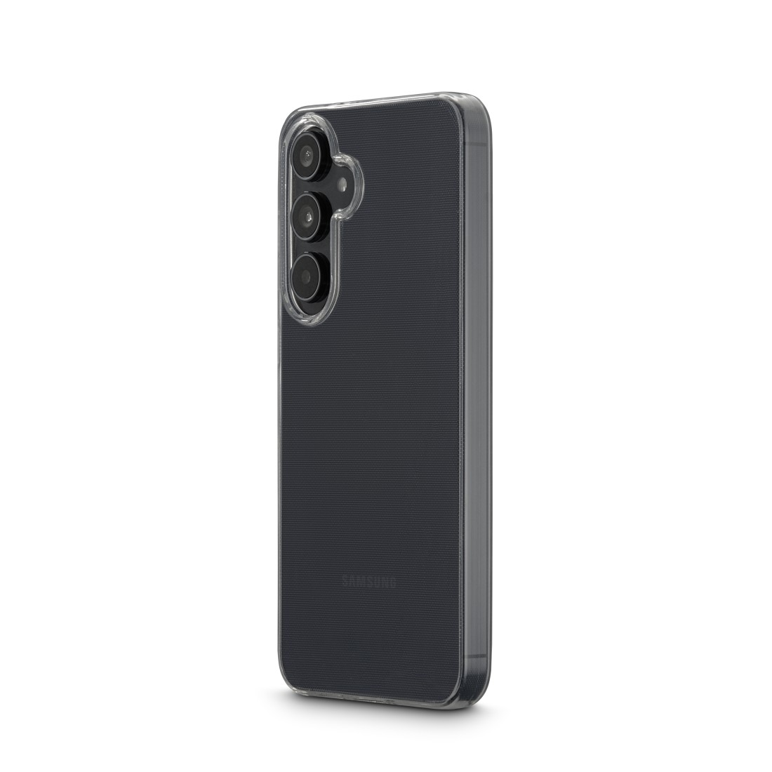 Ein Samsung-Telefon in einer durchsichtigen Hülle. Das Telefon hat drei Kameras. Die Hülle ist klar, und das Telefon ist dunkelgrau.