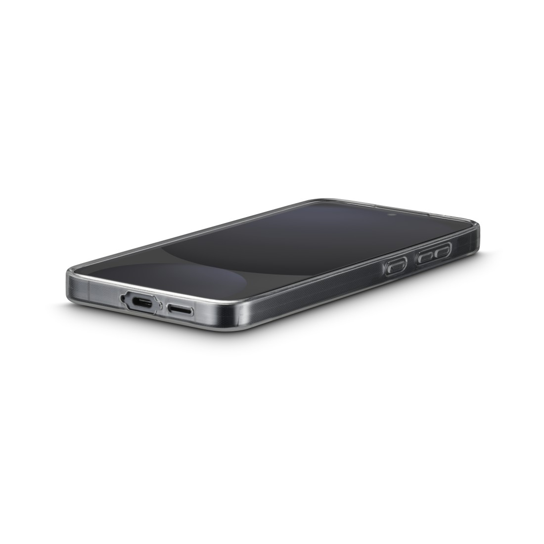 Ein Smartphone in einer transparenten Hülle liegt auf einer weißen Oberfläche. Der Bildschirm ist schwarz. Die Hülle hat graue Ränder.