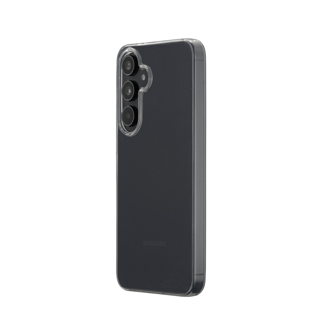 Ein dunkelgraues Smartphone mit transparentem Gehäuse. Das Telefon hat drei Kameras. Das Samsung-Logo ist sichtbar.