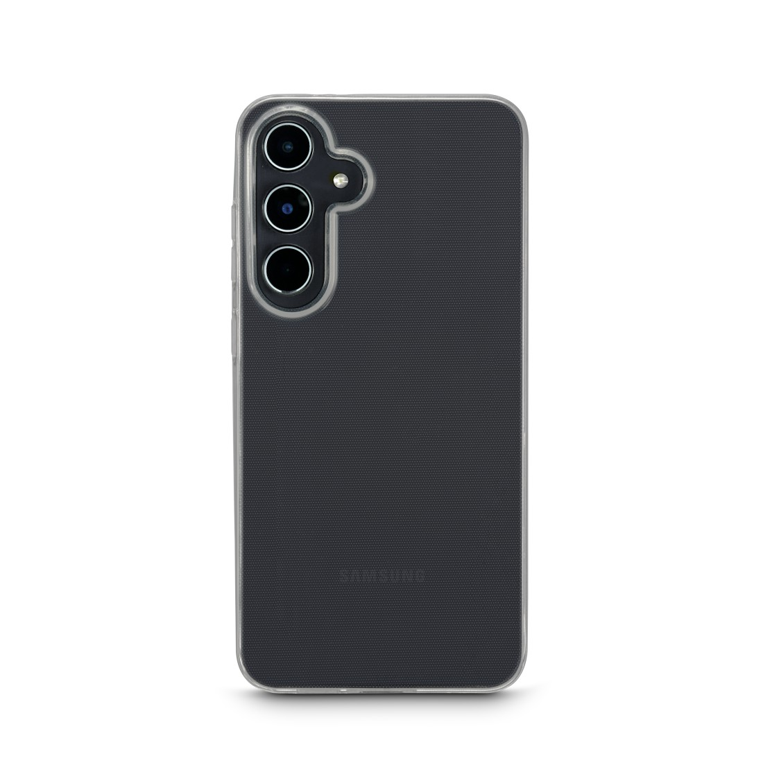 Eine transparente Handyhülle über einem schwarzen Telefon. Das Telefon hat drei Kameralinsen. Das Samsung-Logo ist sichtbar.