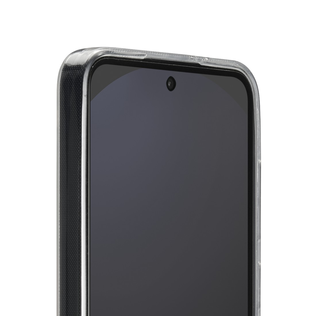 Nahaufnahme eines Smartphones mit transparenter Hülle. Der Bildschirm ist dunkel, mit Kameralinse. Die Hülle ist klar, der Rand ist schwarz.