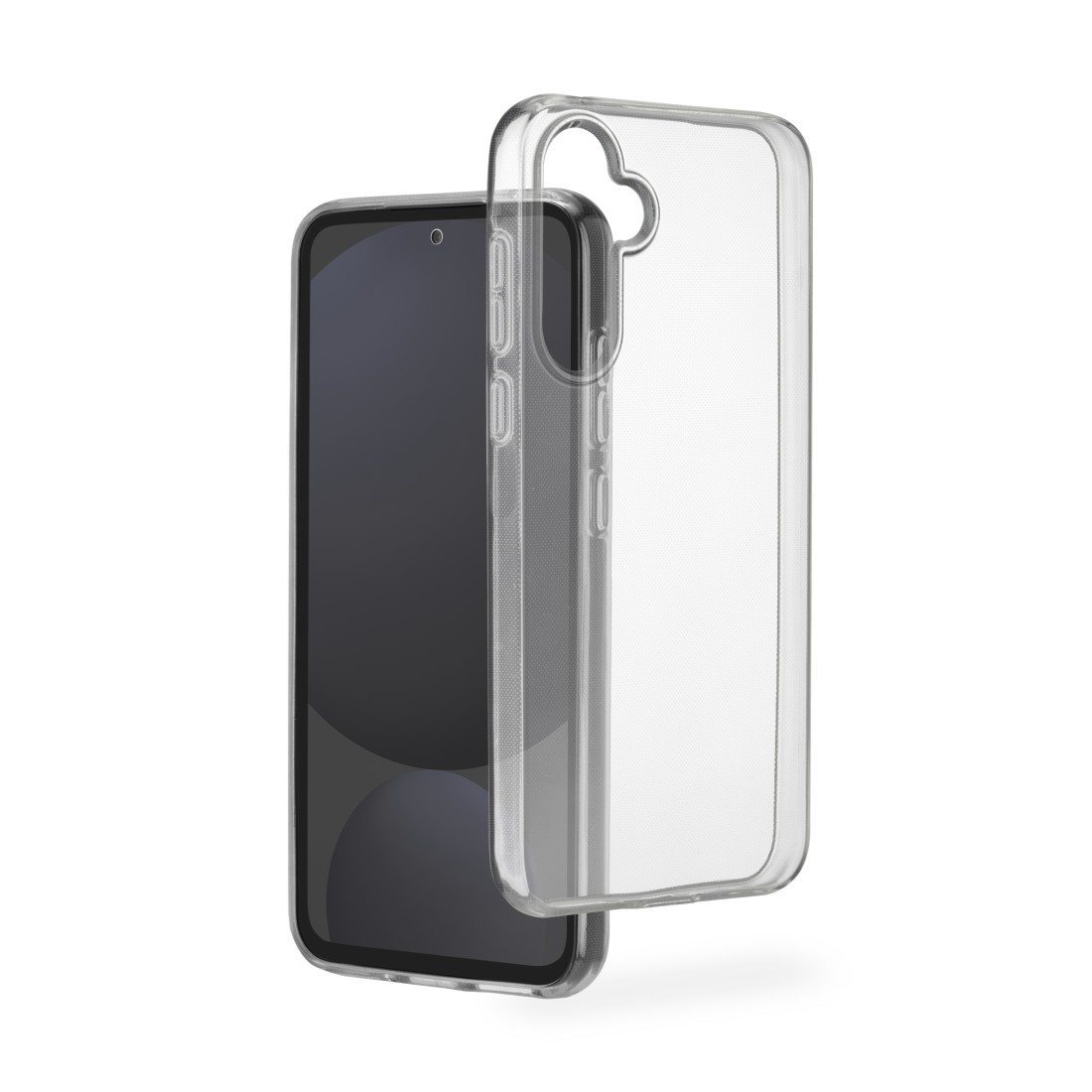 Ein Smartphone mit einer durchsichtigen Schutzhülle. Das Telefon ist schwarz mit dunklem Bildschirm. Die Hülle ist transparent und bedeckt das Telefon.