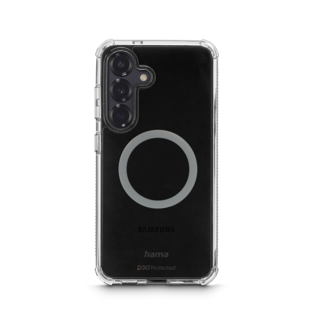 Eine transparente Handyhülle mit schwarzer Rückseite. Sie hat ein Kameramodul und ein weißes kreisförmiges Design. Das Samsung- und Hama-Logo sind sichtbar.