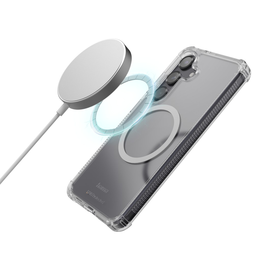 Ein silbernes kabelloses Ladegerät schwebt über einer Handyhülle. Die Hülle ist transparent und gibt die Rückseite des Telefons frei. Ein blauer Ring umgibt das Ladegerät.