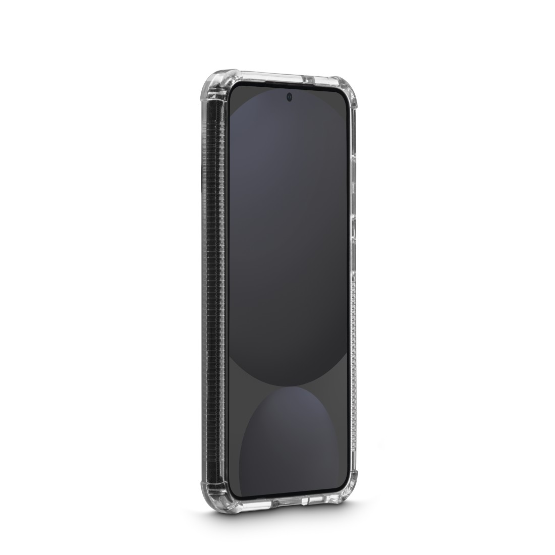 Ein Smartphone in einer transparenten Hülle wird gezeigt. Der Bildschirm ist dunkel, die Hülle hat eine schwarze, strukturierte Seite. Der Hintergrund ist weiß.
