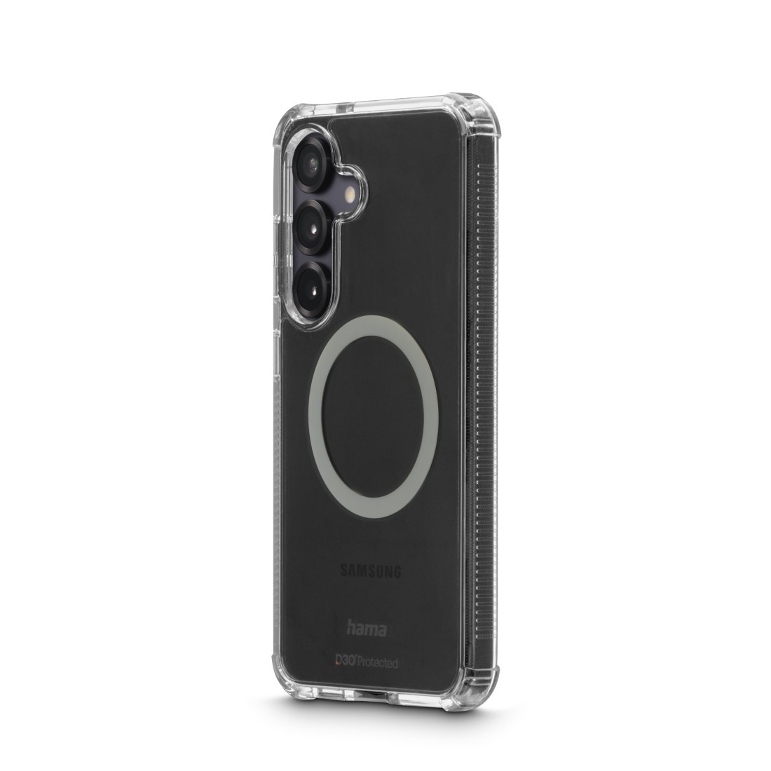 Eine transparente Handyhülle für ein Samsung-Handy. Die Hülle hat einen Kameraausschnitt, einen Magnetring und das 'hama' Logo.