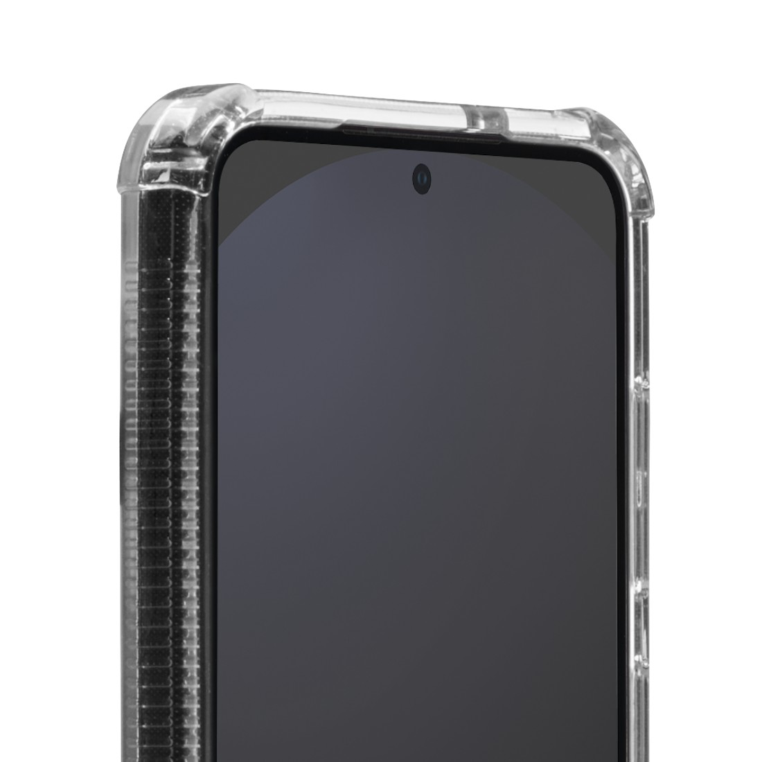 Nahaufnahme eines Smartphones mit transparenter Schutzhülle. Der Bildschirm ist dunkel, oben in der Mitte ist eine Kamera sichtbar.