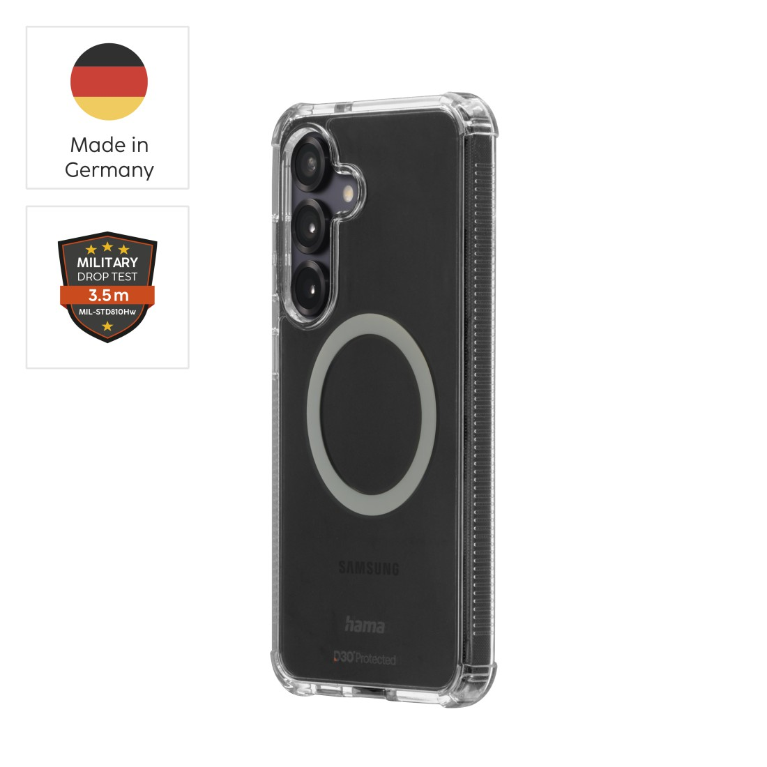 Eine transparente Handyhülle für ein Samsung-Handy. Die Hülle hat einen Kameraausschnitt, einen Magnetkreis und die Logos von Hama und Samsung.