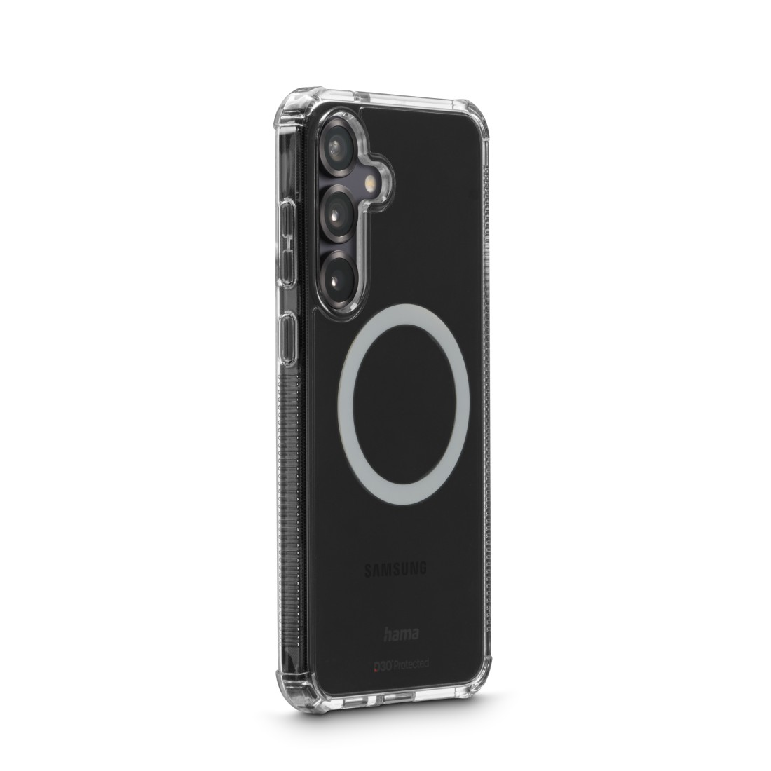 Eine transparente Handyhülle mit schwarzer Rückseite. Sie hat einen Kameraausschnitt, einen weißen Kreis und das Samsung- und Hama-Logo.