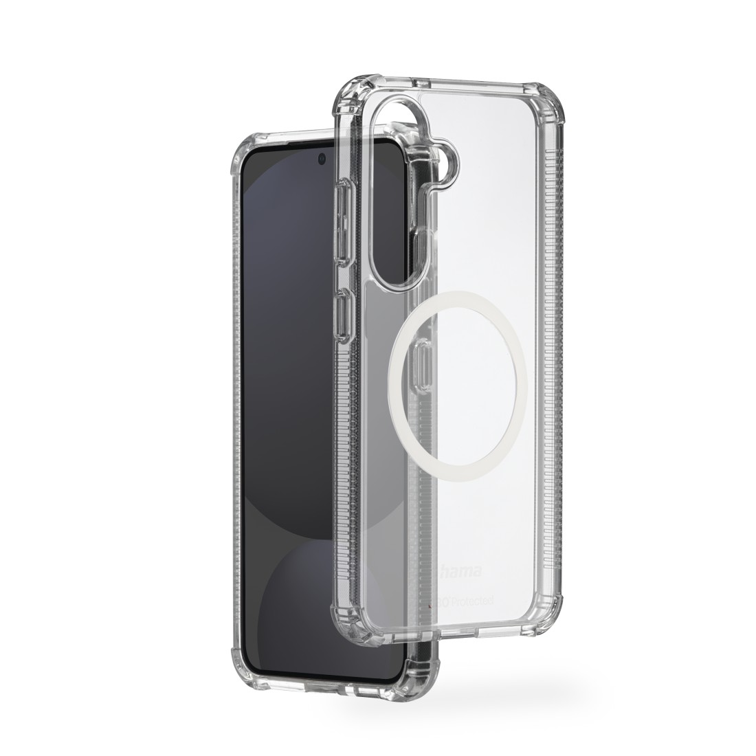 Eine transparente Handyhülle mit einem Telefon darin. Die Hülle hat einen weißen Kreis auf der Rückseite. Beides auf weißem Hintergrund.