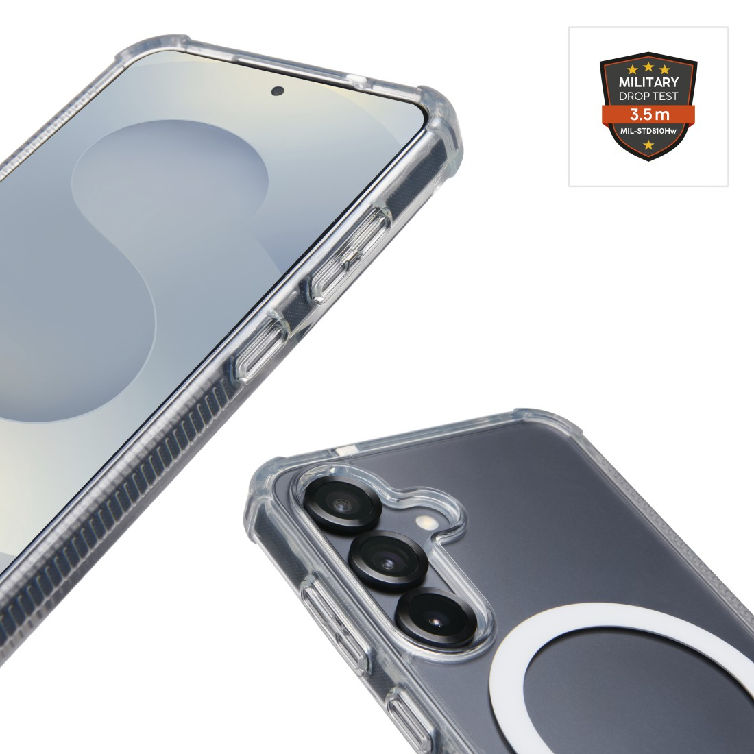 Transparente Handyhülle. Das Telefon hat drei Kameras. Militärisches Falltest-Etikett sichtbar.